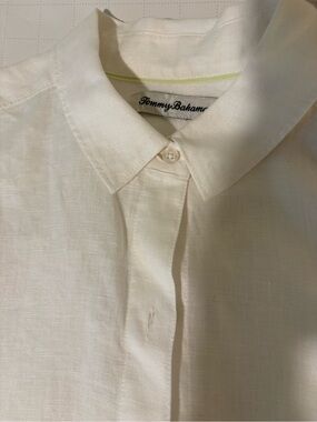 Lovely Tommy Bahama Linen Button-Up Shirt in White and Bright Green